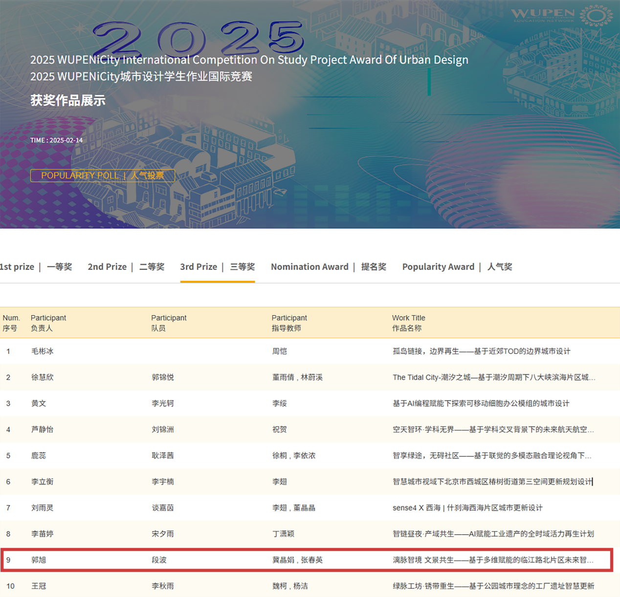 喜讯|学院城乡规划学子在2025WUPENiCity国际竞赛中获佳绩-桂林理工大学旅游与风景园林学院